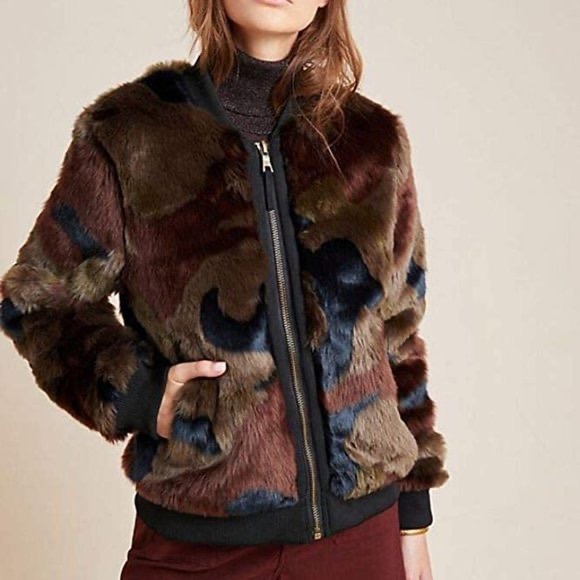 Marrakech Anthropologie Alyssa Faux Fur Green Camo Bomber Jacket Size L NWOT - Picture 2 of 12